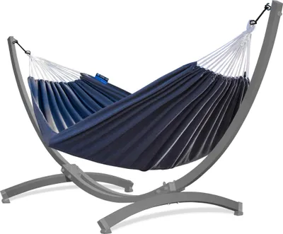 Produktbild von Potenza Outdoor Hängematte mit Tytan Gestell für 2 Personen I Baumwolle Doppelhängematte XXL 220x160, 200kg I Grau Hängemattengestell 350 kg, wetterfest