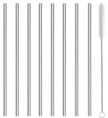 Immagine prodotto di Cannucce in acciaio inossidabile riutilizzabili, confezione da 8 pezzi, diametro 6 mm, lunghezza 215 mm, colore argento, con spazzolino per la pulizia