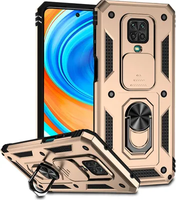 Immagine prodotto di Custodia per Xiaomi Redmi Note 9S/9 Pro/9 Pro Max a doppio strato con copertura scorrevole della fotocamera e supporto ad anello Oro