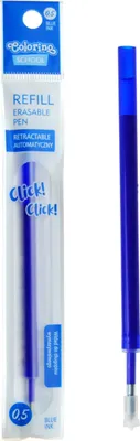 A blue pen refill is shown next to its packaging, which displays product information and branding.