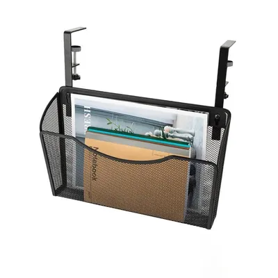 A black mesh hanging organizer filled with notebooks and papers, attached to a surface with clamps.