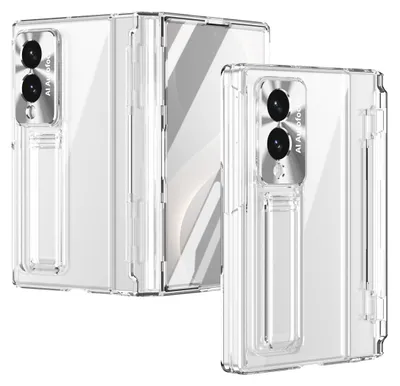 Image de Étui pour Samsung Galaxy Z Fold 8, protection d'écran et d'objectif, coque transparente galvanisée avec support, transparente