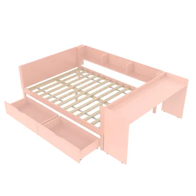 Immagine prodotto di okwish Letto per bambini, 140x200 cm, con scrivania e scaffali, letto in legno con 2 cassetti, scrivania, senza materasso, rosa