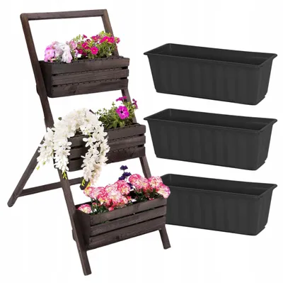 Immagine prodotto di Portavasi EcoDeco in legno nero con 3 ripiani, scaffale per piante a 3 livelli, scaletta per piante per balconi, terrazze e giardini
