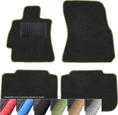 Produktbild von moto-MOLTICO Fußmatten Auto Velours Autoteppiche Schwarz Automatten Set 4-teilig passend für Suzuki Baleno ab 2016 (Grüne - Ziernähte)