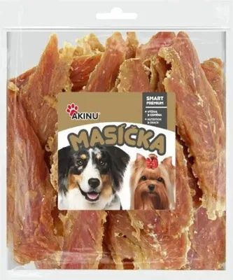 A package of dog treats, specifically chicken strips, with images of two dogs on the label.