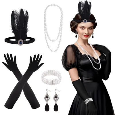 Imagen del producto de TRANKIELO® - Diadema, collar, pendientes y guantes s – Accesorios para fiestas al estilo "El Gran Gatsby"