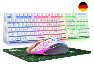 Produktbild von Gaming-Tastatur mit Maus Deutsches Layout QWERTZ Kabelgebundene Tastatur LED-RGB-Hintergrundbeleuchtung 2400 DPI 6-Tasten-Maus Tastatur und Maus