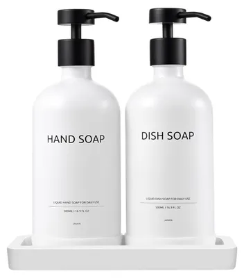 Image de Distributeur de savon en verre, 500 ml, pour gel douche et shampooing, blanc/noir, lot de 2