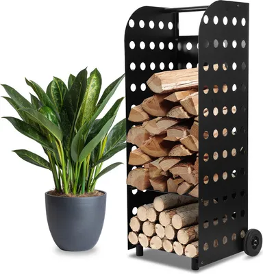 Image de Clanmacy Chariot pour bois de cheminée Étagère pour bois de cheminée 112x42x35cm 60kg Métal XL Panier à bois de cheminée avec roulettes Noir