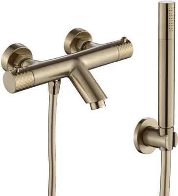 Immagine prodotto di WEBO Oliver opbouw miscelatore per vasca con doccetta, oro spazzolato opaco, design a cascata, comando a due pulsanti