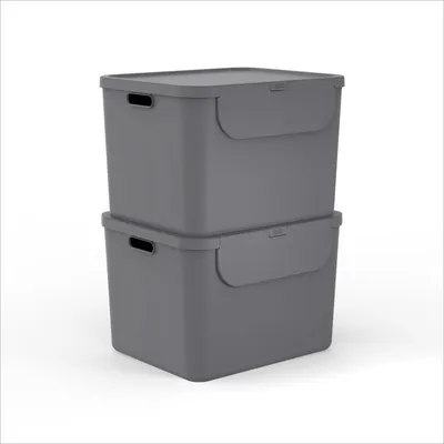 Produktbild von Rotho 2er-Set Mülltrennsystem je 55L Albula - Mülleimer mit Frontklappe - Abfalleimer 40,0 x 48,9 x 34,0 cm - Müllbehälter mit Deckel und Griffen - Inkl. Aufkleberne