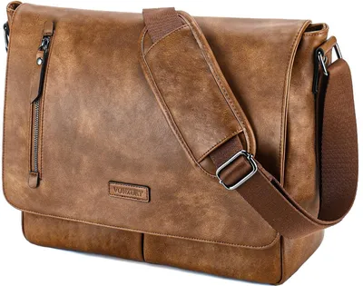 Image de Omgoods - Sac messager pour hommes - Sac pour ordinateur portable de 14 pouces en toile et en cuir