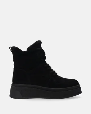 Produktbild von VENEZIA Damen Stiefeletten Ankle Boots Winterstiefel - Schwarze, gefütterte Wildlederstiefeletten mit Fellbesatz aus Echtleder Velours Schwarz Größe 36