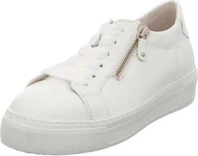 A white leather sneaker with a zipper detail is shown from a side angle against a white background.