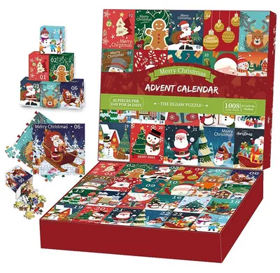 Immagine prodotto di Calendario dell'Avvento con 1008 pezzi, puzzle per 24 giorni, decorazione natalizia da tavolo, Babbo Natale