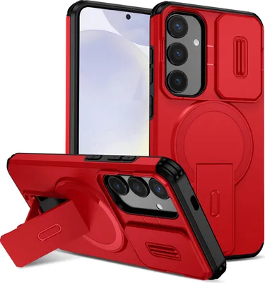 Obrázek produktu pro Magnetické pouzdro pro Samsung Galaxy S25+/S24+, dvouvrstvé odolné pouzdro s posuvnou ochranou fotoaparátu a nastavitelným stojánkem Červená