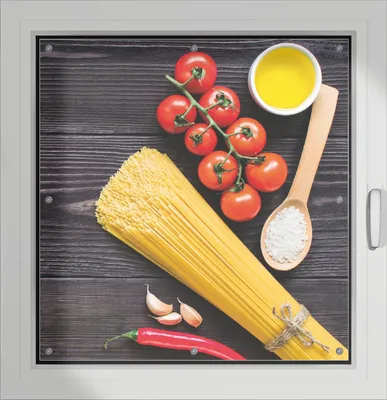 Produktbild von Wallario Lichtschutzbild, Dekorativer Sichtschutz Sonnenschutz 96 x 100 cm mit Motiv: Italienisches Menü mit Spaghetti, Tomaten, Salz und Chilischoten - Verdunklung ohne Bohren