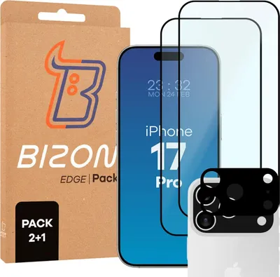 Produktbild von Gehärtetes Glas - 2 Stück + Kameraschutz für iPhone 17 Pro, Bizon Glass Edge Pack, Schwarz