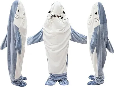 Three views of a shark costume.