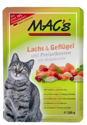 Produktbild von MAC's POUCH PACK LACHS & HÜHNCHEN MIT KRÄUTERMIX, Adult, jede Rasse, Huhn, Lachs, 100 g