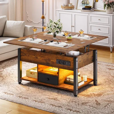 Produktbild von Couchtisch ausziehbar, Wohnzimmertisch Höhenverstellbar, Esstisch mit Stauraum, LED-Beleuchtung, 90 × 47,8 × 61,7 cm, Braun