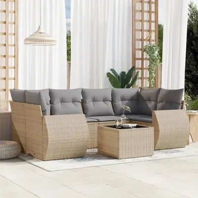 Produktbild von Design 7-tlg. Garten-Sofagarnitur mit Kissen Beige Poly Rattan, Gartenmöbel-Sets 2024 Neu