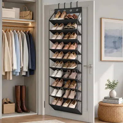 Zdjęcie produktu dla Organizator do butów - wisząca półka na buty do montażu na drzwiach - 10 półek - kieszenie o głębokości 23 cm - 4 metalowe haczyki - antypoślizgowa powierzchnia - montaż bez wiercenia - kolor czarny