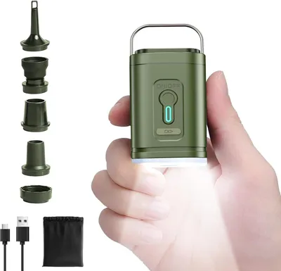 Produktbild von Akku Luftpumpe 480L/min Elektrisch, Mini Luftpumpe mit LED Campinglampe 3 Stufen, USB-C 2400mAh, 5 Düsen für Luftmatratze Pool Camping Vakuumbeutel
