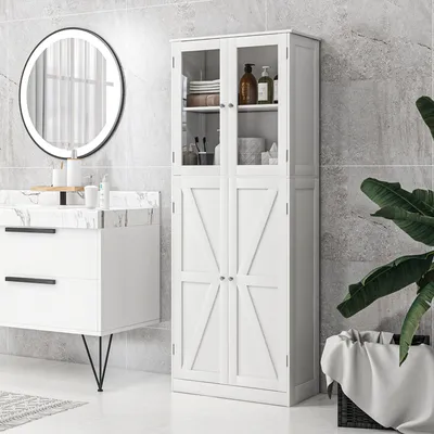 Image de Armoire de salle de bain - Étagère de rangement - Meuble de rangement - Commode - Armoire à linge - Blanc - Système anti-basculement