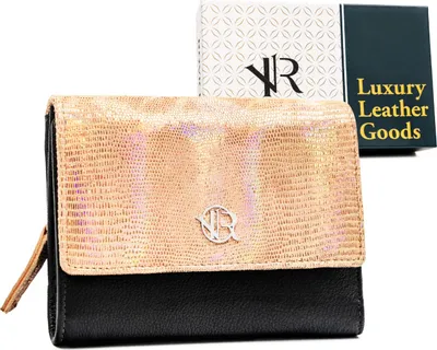 Produktbild von Rovicky | Damengeldbörse, aus Naturleder, mit Schnappverschluss, Schwarz, Gold, 14.5x10.5 cm