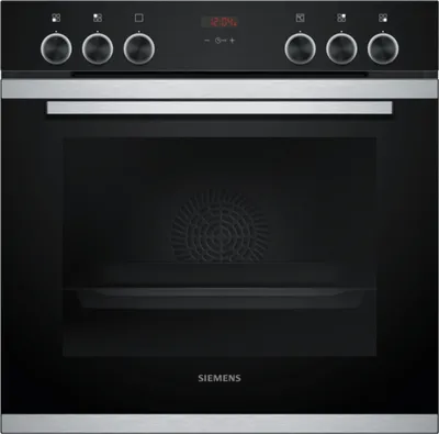 A front view of a black Siemens built-in oven with a silver trim and control panel.