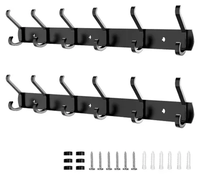 Produktbild von 2 Stück Wandkleiderhaken mit 6 Haken, 54 CM Garderobenhaken, Metall Garderobenleiste für Schlafzimmer, Bad, Küche, Hakenleiste für Jacken, Hüte, Handtücher (Schwarz)