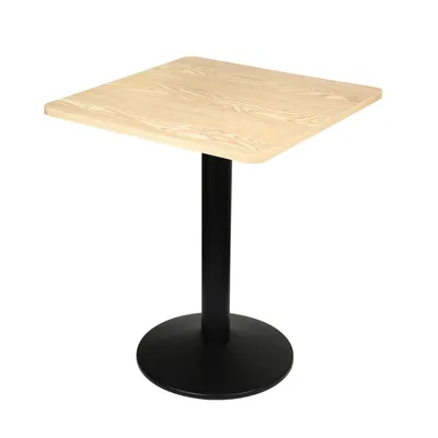 A square wooden table with a black metal base, shown against a white background.
