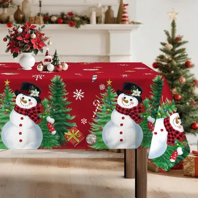 Productafbeelding van Tafelkleed, Kerst, Sneeuwpop, Polyester, Rechthoekig, 152 x 213 cm, Rood