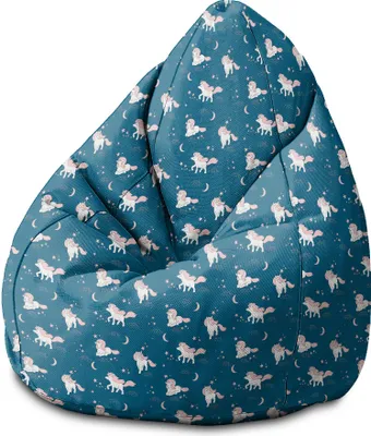 A bean bag chair with a unicorn and moon pattern.