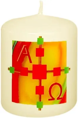 Produktbild von Osterkerze mit Transferdruck, rotem Kreuz und Sonne sowie A + O, 60 x Ø 50 mm