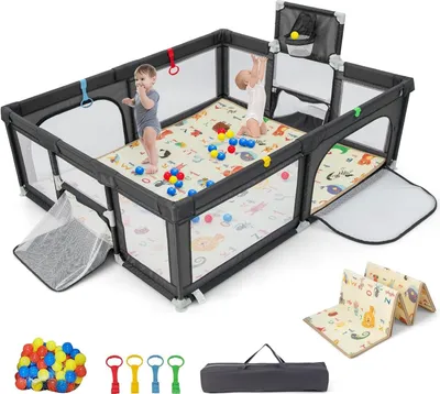 Produktbild von GOPLUS Baby Laufstall, Laufgitter mit Matte und Reißverschluss, Krabbelgitter mit 50 Bällen & 4 Zugringen & Basketballkorb & Fußballnetzen, Aktivitäts