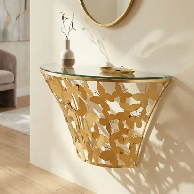 Obrázok produktu pre Závesný konzolový stolík zo zlatého kovu s motýľmi 120x40,5x37,2 cm
