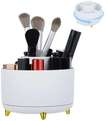 Imagen del producto de Ibenzoa®: Organizador de cosméticos giratorio de 360° fabricado en ABS. Cuenta con 5 compartimentos espaciosos para brochas y labiales, pesa solo 300 gramos y es ideal para el baño, el tocador y la oficina