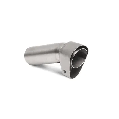 A silver metal exhaust pipe component on a white background.