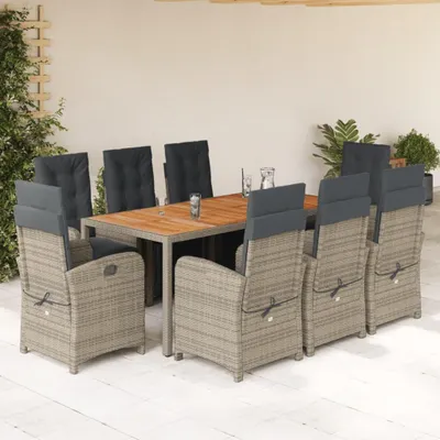 Immagine prodotto di set da pranzo da giardino 9 pezzi con cuscini in poly rattan grigio