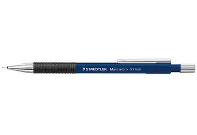 A blue mechanical pencil with a black grip and silver accents, presented on a white background.