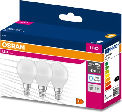 Produktbild von 3er-Pack LED-Lampe E14 P45, 4,9W = 40W, 470lm, 6500K, kaltweiß, 200°, OSRAM Value