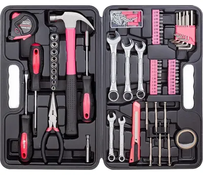 Productafbeelding van Gereedschapsset van 148-delen, huishoudgereedschap, met plastic gereedschapskoffer, roze