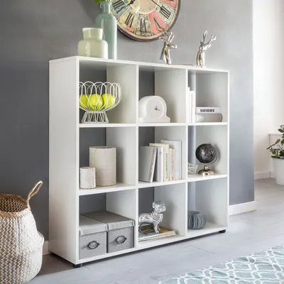 Produktbild von WOHNLING Bücherregal mit 9 Fächern Weiß 108 x 104 x 29 cm Standregal Holz Regal freistehend Ordnerregal Raumteiler Würfel-Regal modern Offenes
