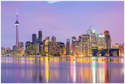 Produktbild von Wallario Premium Glasbild, freischwebende Optik, kräftige Farben, Größe 90 x 60 cm Motiv Toronto Skyline - Kanada am Abend