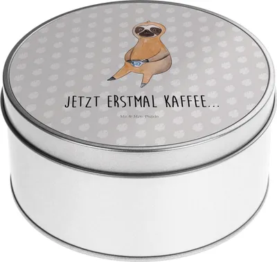 Produktbild von Mr. & Mrs. Panda Blechdose Faultier Kaffee - Grau Pastell - Geschenk, keksdosen, Frühaufsteher, Vorratsdose, Dose, Coffee, bonbondose, Vorratsdosen