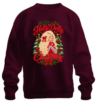 Productafbeelding van "Holly Dolly Christmas" sweater, landelijke stijl, met afbeelding van de zangeres, model: sweatshirt, kleur: bordeauxrood, maat: M