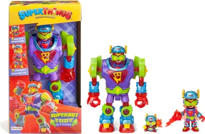 A toy robot and its accessories are displayed next to its packaging.